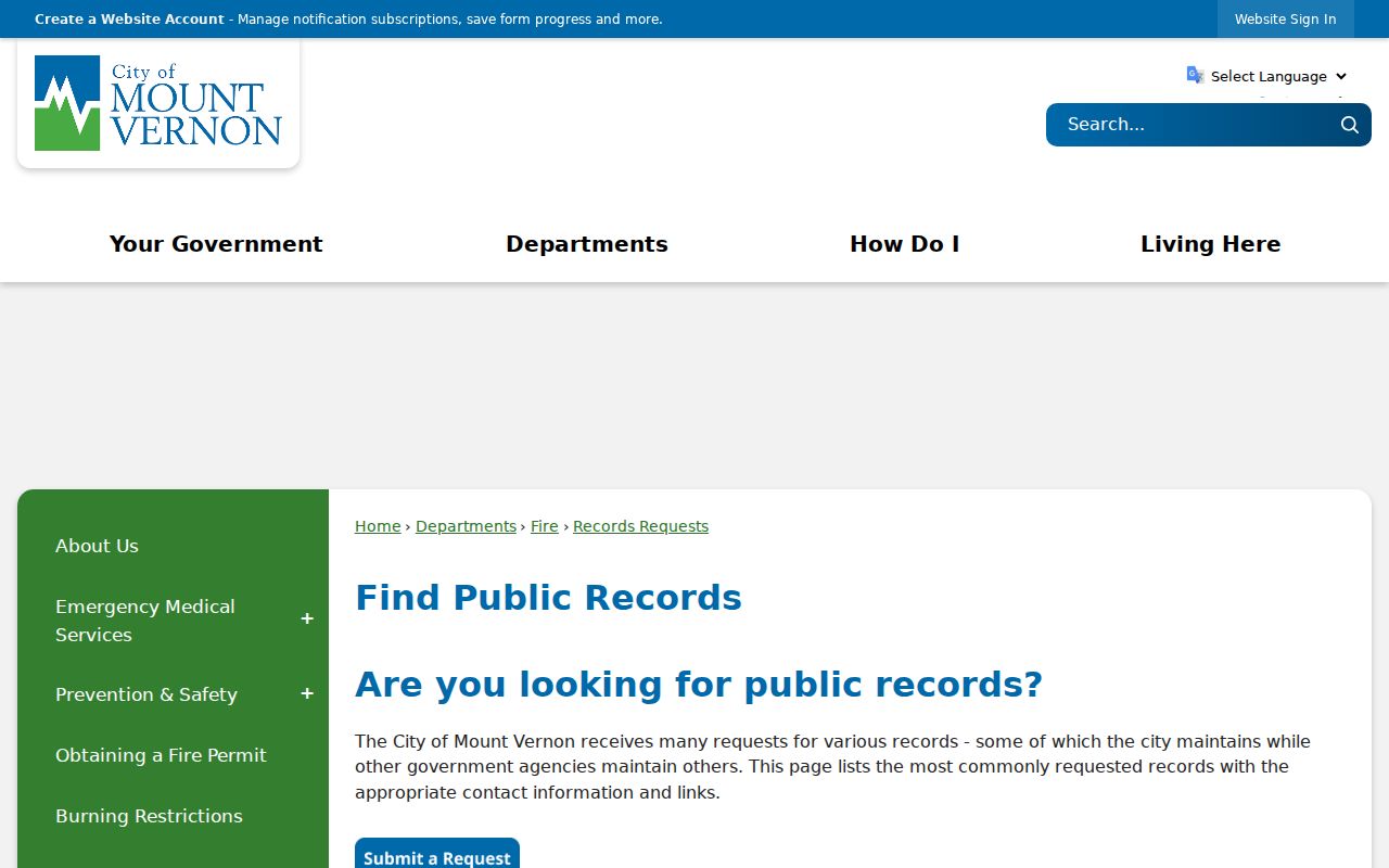 Mount Vernon public records request routing page