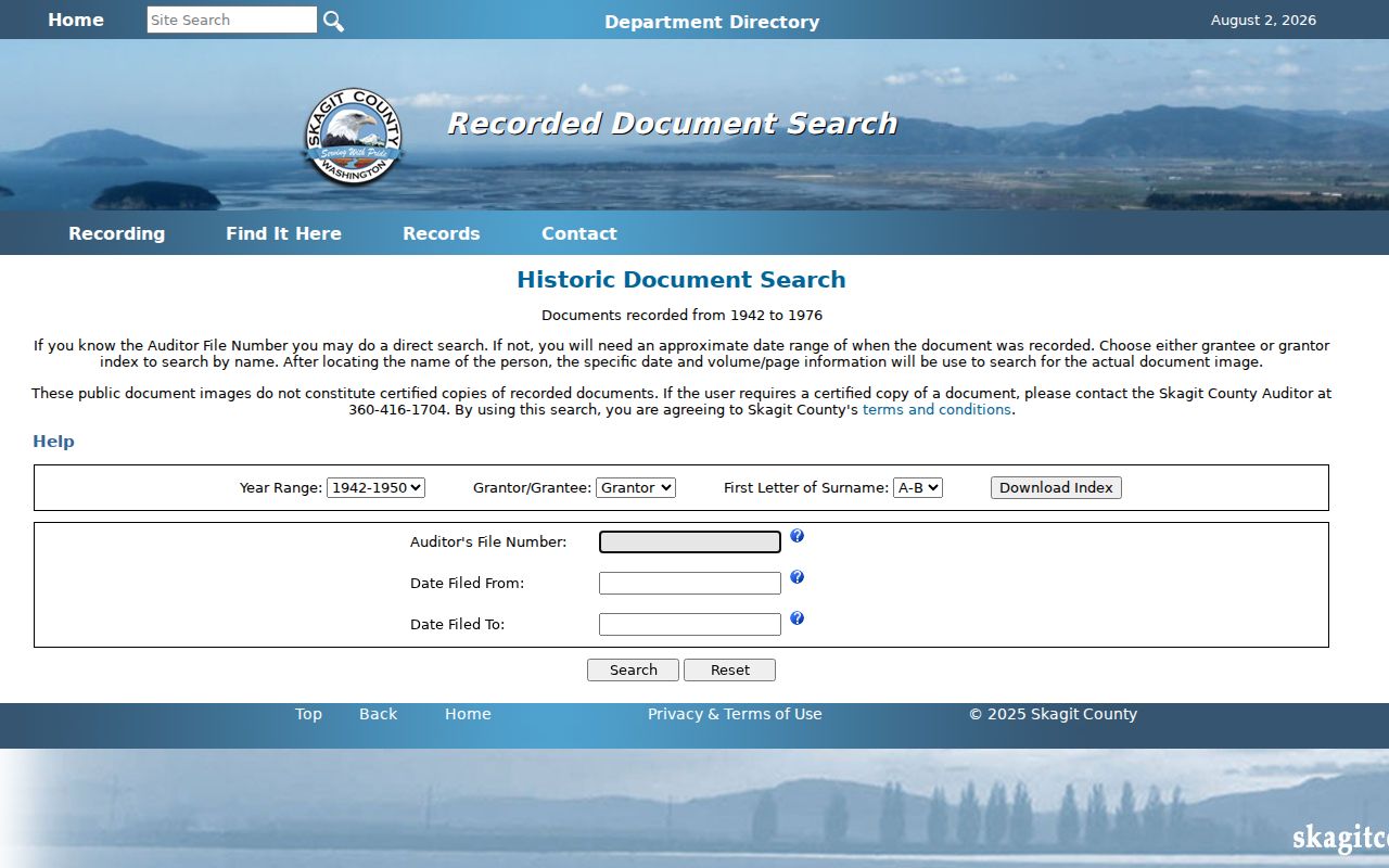 Historic Mount Vernon public records index for Skagit recordings