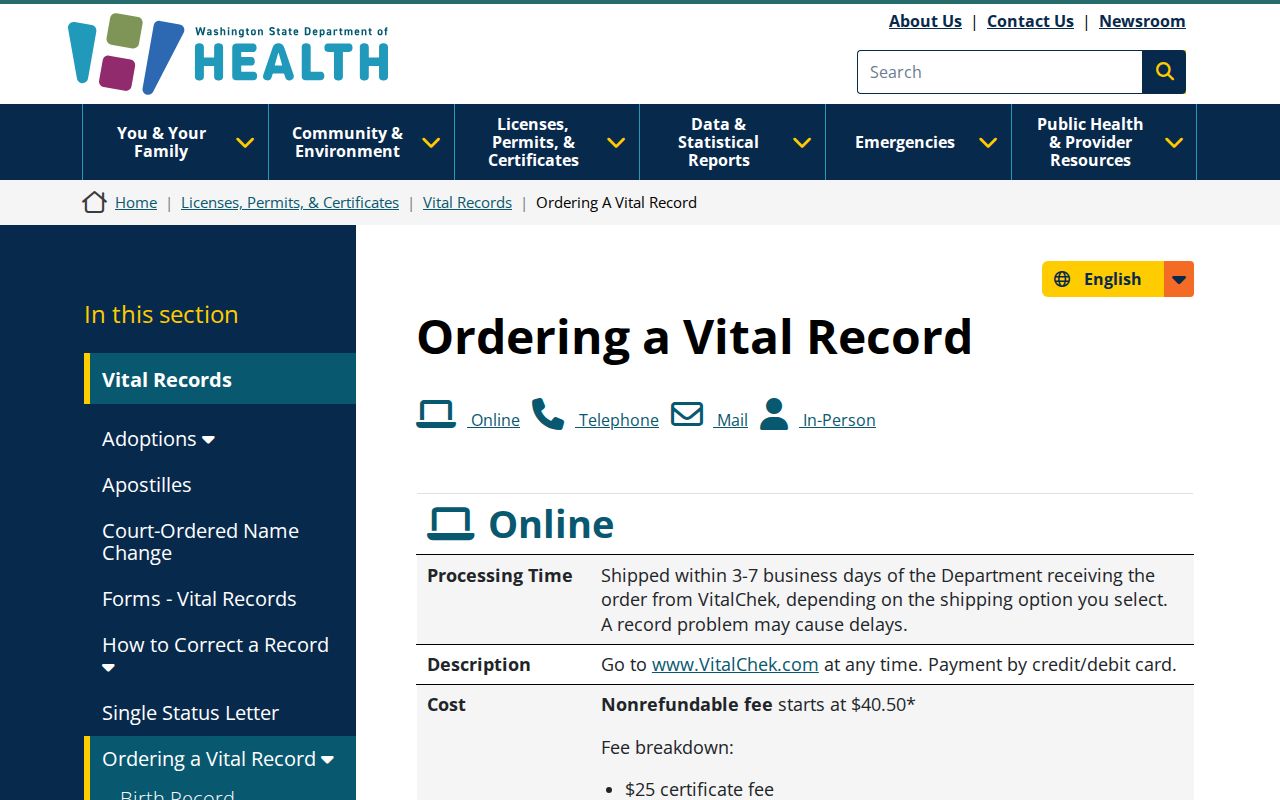 Washington vital ordering for Mount Vernon public records
